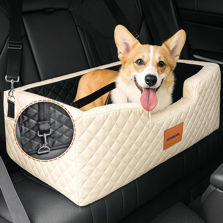 Pet car travel essentials including car seats, covers, harnesses, and safety barriers