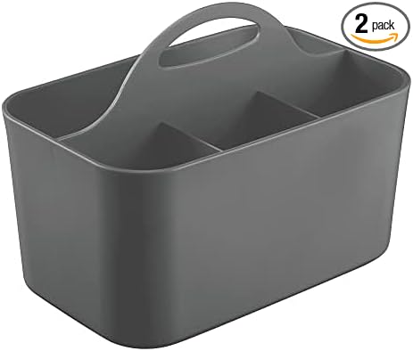 mDesign Plastic Small Office Storage Organizer Utility Tote Caddy with Handle for Cabinets, Desks, Workspaces - Hold Desktop Office Supplies, Pencils, Staplers Lumiere Collection, 2 Pack, Dark Gray