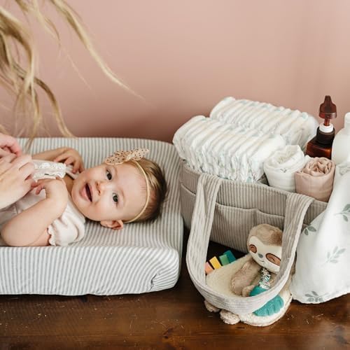 PUTSKA Baby Diaper Caddy Organizer for Changing Table – Stylish Nursery Storage Basket, Newborn Essentials, Baby Shower Gifts and Registry Must-Haves for Boy or Girl, Car Diaper Caddy, Corduroy Grey