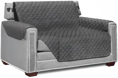 Sofa Shield Armchair Slip Cover with Patented Strap, Cushion Protector, US Designed Reversible Stain and Dog Tear Resistant Slipcover, 48 inch Seat, Washable Covers for Dogs Pets, Charcoal