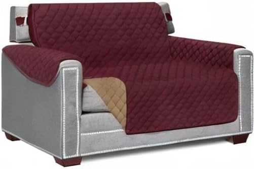 Sofa Shield Armchair Slip Cover with Patented Strap, Cushion Protector, US Designed Reversible Stain and Dog Tear Resistant Slipcover, 48 inch Seat, Washable Covers for Dogs Pets, Burgundy Tan