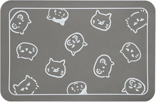 YCT Cat Food Mat, Cat Mat for Food and Water, Pet Feeding Mat, Non-Slip Super Absorbent, with Multiple cat Heads Logo, 18.1 x 11.8 inches, Light Gray