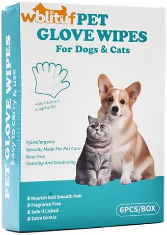 WBLITUF Pet Glove Wipes for Dogs and Cats - Dog Washing Gloves, Cat Bathing Wipes, [Individually Wrapped] 6 PCS, Cleaning & Deodorizing, Unscented,Hypoallergenic, Daily Care andTraveling.