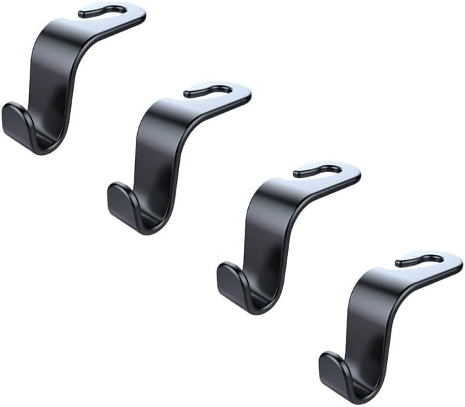 4Pcs Car Hooks for Headrest, Multifunctional Luxurious Leather and Magnesium Alloy Car Seat Back Hooks & Mobile Phone Holder, Double Headrest Hanger Storage Hook for Purses, Handbags, Bags (black)