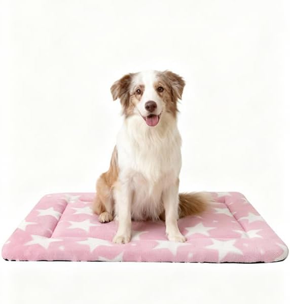 Fogkiss Dog Bed Mat, Reversible Crate Pad & Durable Dog Bed - Machine Washable Kennel Mat with Ultra Soft for Large Dogs (Big&Small Stars Pink, 35" L*23" W*1.5" Th)