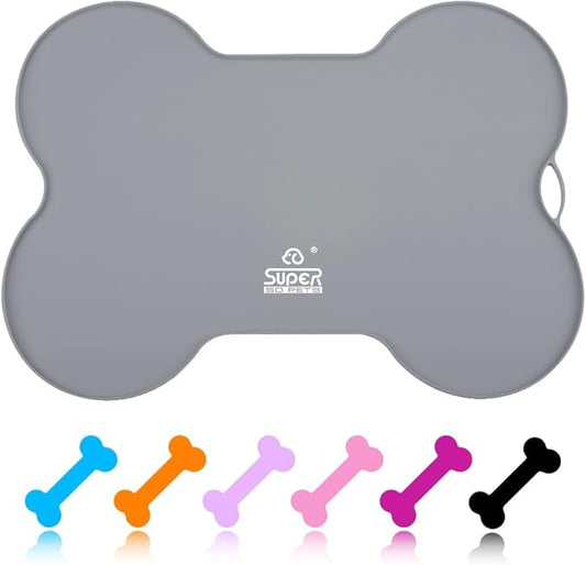 Dog Food Mat Dog Bowl Mat for Food and Water Silicone Non Spill Cat Feeding Mat Puppy Placemat Waterproof - 20.5" x 14.5", Grey