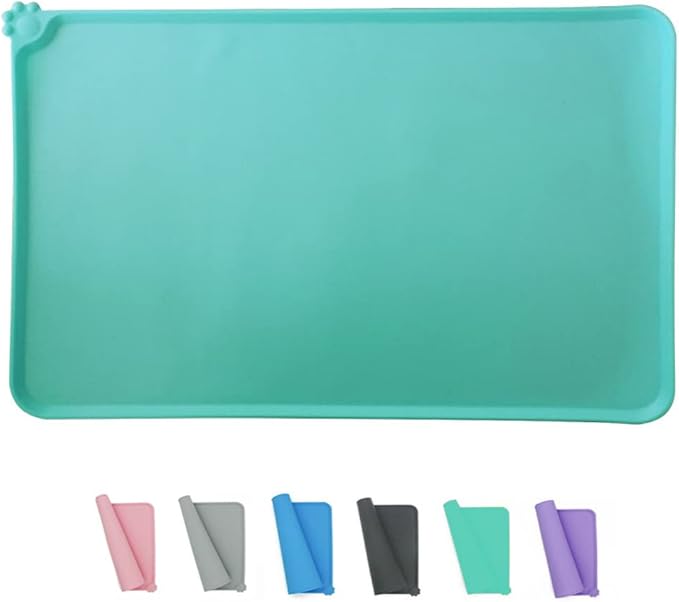 Silicone Pet Feeding Mat, Waterproof Dog Cat Bowl Mat, Raised Edges to Prevent Spills, Easy Clean Nonslip Dogs and Cats Placemat Tray to Stop Food and Water Bowl Messes on Floor (Green)