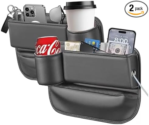 2025 New Car Seat Gap Filler Organizer, Car Seat Gap Filler with Cup Holder and Storage for Keys, Cards, Phone, Sunglasses and Small Items (Black, A Pair)