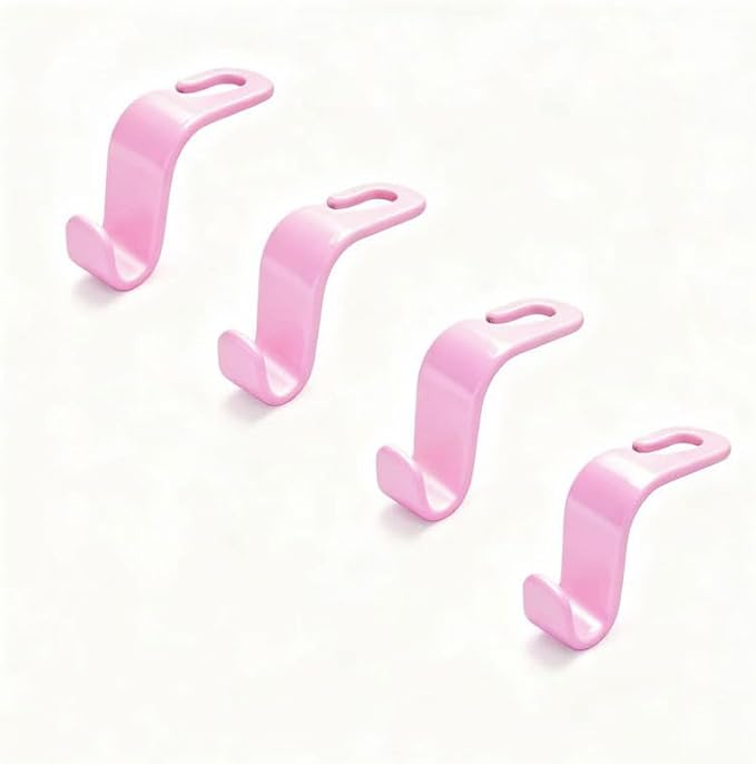 ANULEYO 4 car Hooks for headrests, PE Material seat Back Hooks and Phone Holder, Double Headed Pillow, Wallet Storage, Handbags, Bags (Pink)