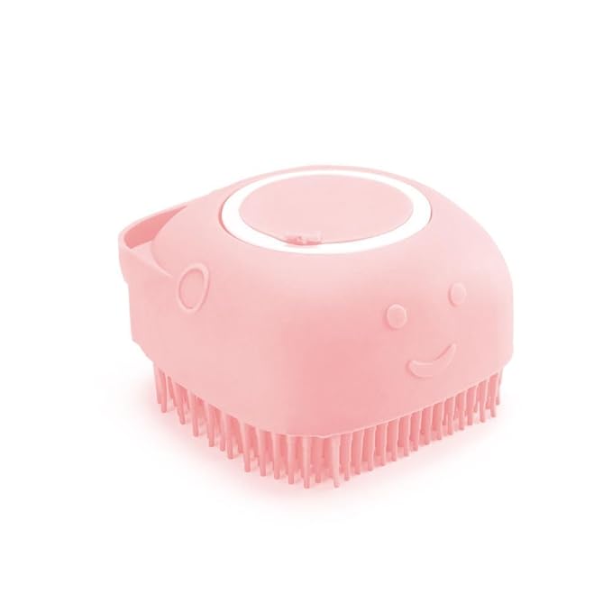 2-in-1 Dog Bath Brush with Shampoo Dispenser – Soft Silicone Pet Grooming Brush for Dogs & Cats – Gentle Massage & Deep Cleaning Bath Scrubber, Easy to Use and Refill, Pink