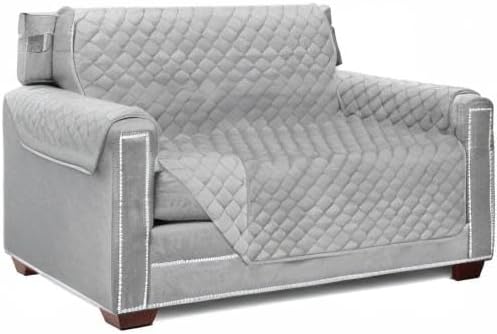 Sofa Shield Armchair Slip Cover with Patented Strap, Cushion Protector, US Designed Reversible Stain and Dog Tear Resistant Slipcover, 48 inch Seat, Washable Covers for Dogs Pets, Light Gray