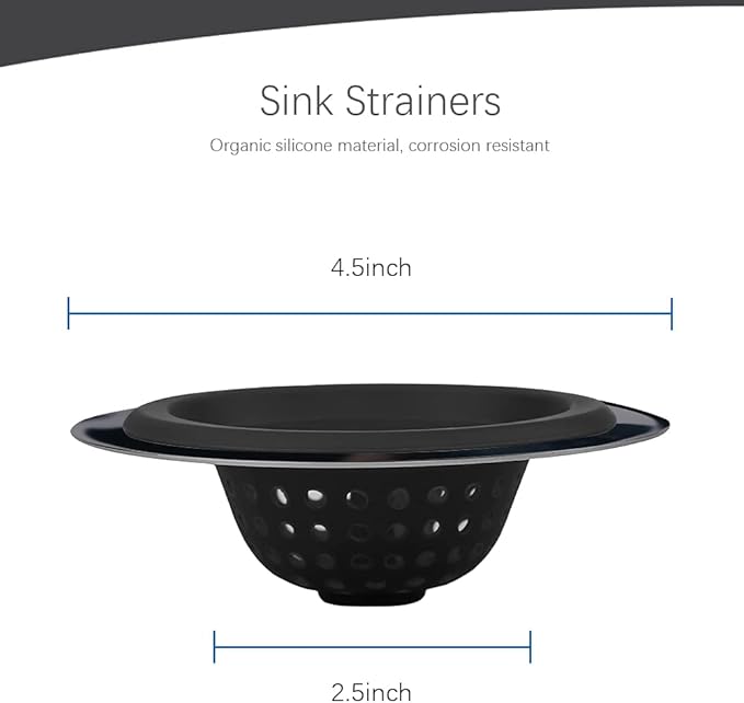 Mi hogar Silicone Sink Drain Strainer 2 Pack, 4.5" Wide Rim Stainless Steel Mesh Basket, Flexible Food & Hair Catcher Stopper for Kitchen Bathroom Tub Shower Drains, Easy to Clean
