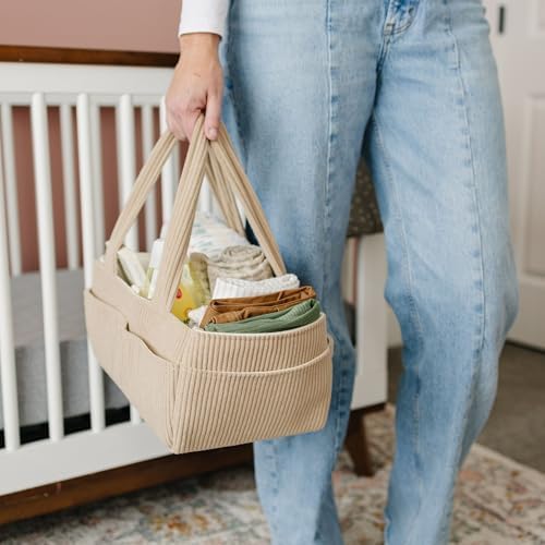 PUTSKA Baby Diaper Caddy Organizer for Changing Table – Stylish Nursery Storage Basket, Newborn Essentials, Baby Shower Gifts and Registry Must-Haves for Boy or Girl, Car Diaper Caddy, Corduroy Mocha