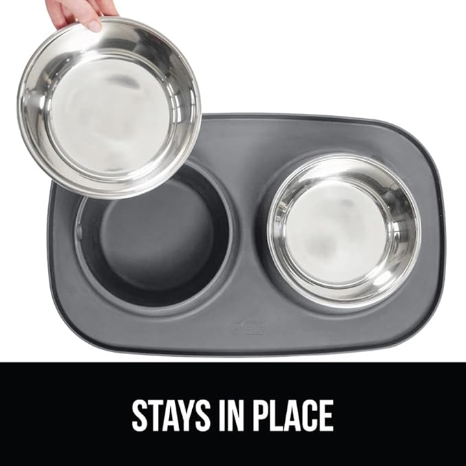 GORILLA GRIP Feeding Mat Set, 4 Cup, Patent Pending 100% Waterproof BPA Free Silicone, Stainless Steel Cat and Dog Bowls, Slip Resistant, High Edges Catch Water Food, US Designed Pet Accessories, Gray