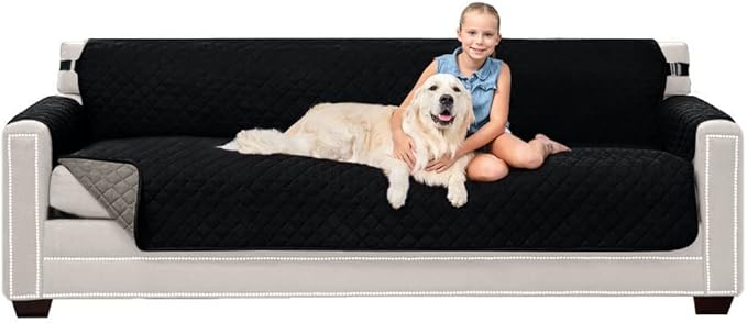Sofa Shield Couch Slip Covers for Dogs, Reversible Furniture Protector with Strap, Stain and Tear Resistant Cushion Cover, 88 inch Seat, Machine Washable Slipcover Pets, Cats, Black Gray