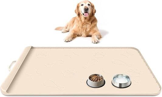 Dog Food Mat with Collection Pocket, 42''x28'' Extra Large Silicone Pet Feeding Mat for Food and Water, Waterproof Anti-Slip Dog Mat with Edge and Handle, Pet Placement for Floor (Beige)