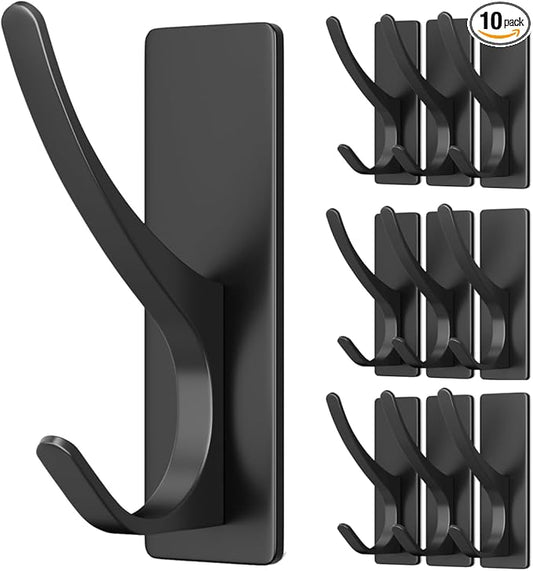 10 Pack Self Adhesive Coat Hooks for Hanging: Heavy Duty Stainless Wall Hook for Towel, Utensil, Backpack, Hat, Sturdy Metal Hanger for Bathroom, Kitchen, Door, Matt Black