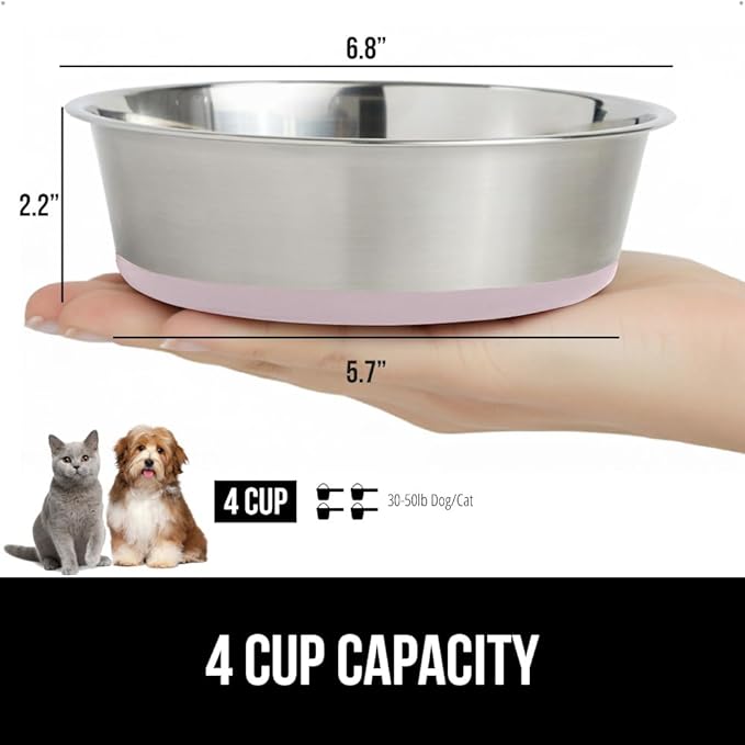 GORILLA GRIP Dog Bowls, Holds 4 Cups Each (32 fl oz), Heavy Duty Stainless Steel Food and Water Bowl for Feeding Dogs and Cats, Dishwasher Safe, Rust Resistant, BPA Free Rubber Base, Set of 2 Pink