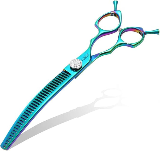 Professional Curved Thinning Shears Dog Grooming Scissors 7.5'' Blue Green Curved Chunkers Shears for Grooming Large Dogs Pet 35 Teeth Japan 440C(Curved Chunkers,Turquoise)