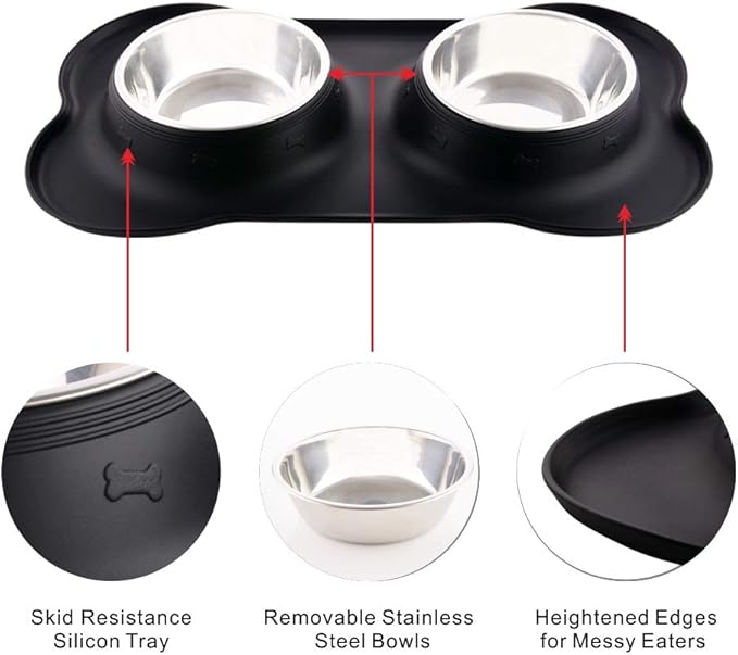Dog Bowls with Mat, Cat Water Food Bowl Set (13.5oz Each) in No Spill Silicone Mat, Dual Pet Feeder Bowl for Puppy, Cats, Small Medium Dogs (Bone Shape, Black)