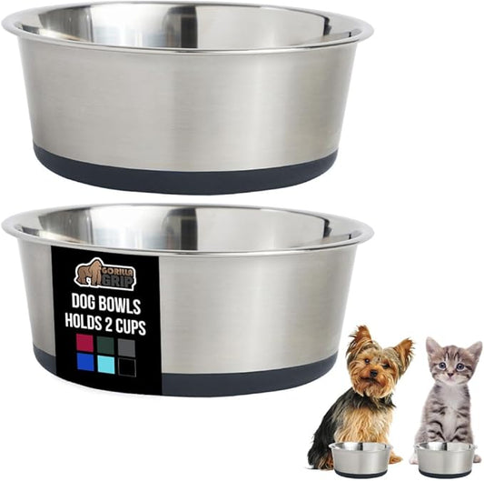 GORILLA GRIP Dog Bowls, Holds 2 Cups Each (16 fl oz), Heavy Duty Stainless Steel Food and Water Bowl for Feeding Dogs and Cats, Dishwasher Safe, Rust Resistant, BPA Free Rubber Base, Set of 2 Gray