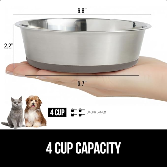 GORILLA GRIP Set of 2 Dog Bowls, Holds 4 Cups (32 fl oz), Heavy Duty Metal Food and Water Bowl for Feeding Dogs and Cats, Dishwasher Safe, Rust Resistant Stainless Steel, BPA Free Rubber Base, Beige