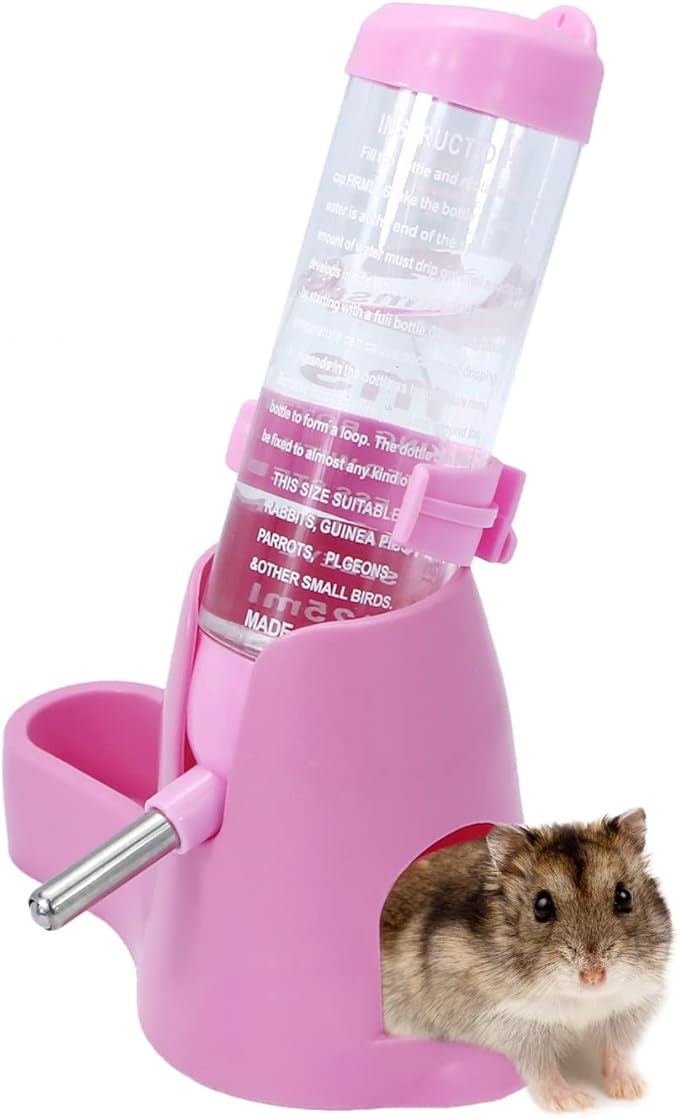 Wontee 3 in 1 Hamster Water Bottle Small Pet Automatic Water Dispenser with Food Container Base Hideout for Dwarf Hamster Mice Gerbils, 2 Pack (Pink, 125ML)