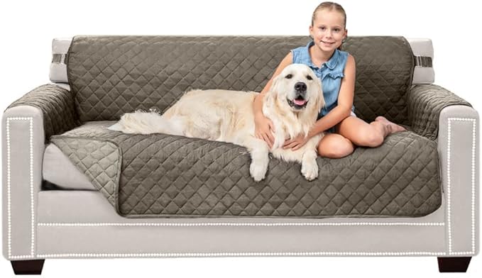 Sofa Shield Couch Slip Cover with Patented Strap, Cushion Protector, US Designed Reversible Stain and Dog Tear Resistant Slipcover, 62 inch Seat, Washable Covers for Dogs Pets, Latte Linen