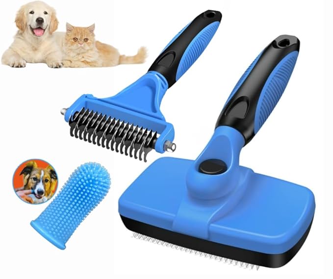 3-in 1 Dog & Cat Grooming Supplies- Self-cleaning Slicker Brush, Deshedding Rake Comb, And Finger Toothbrush For Dogs & Cats | Perfect For Pet Grooming Kit, Dematting And Dental Tool (blue)