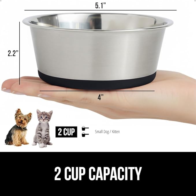 GORILLA GRIP Dog Bowls, Holds 2 Cups Each (16 fl oz), Heavy Duty Stainless Steel Food and Water Bowl for Feeding Dogs and Cats, Dishwasher Safe, Rust Resistant, BPA Free Rubber Base, Set of 2 Black