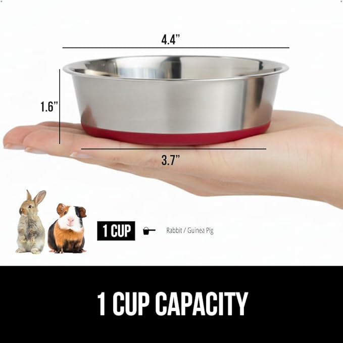 GORILLA GRIP Dog Bowls, Holds 1 Cup Each (8 fl oz), Heavy Duty Stainless Steel Food and Water Bowl for Feeding Dogs and Cats, Dishwasher Safe, Rust Resistant Metal, BPA Free Rubber Base, Set of 2 Red