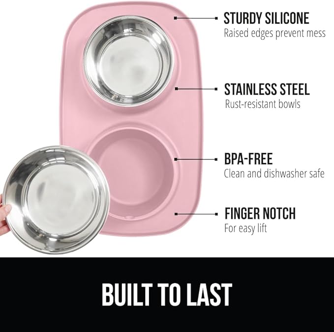 GORILLA GRIP Feeding Mat Set, Patent Pending 100% Waterproof BPA Free Silicone, Stainless Steel Cat and Dog Bowls, Slip Resistant, High Edges Catch Water, Food, US Designed Pet Accessories, 2 Cup Pink