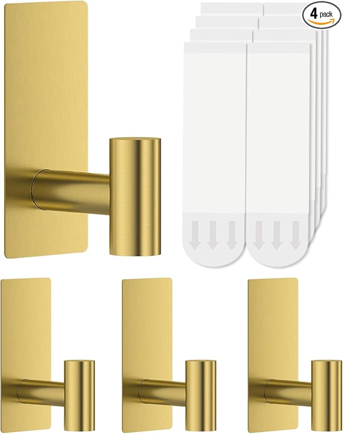 4 Pcs Towel Hooks Heavy Duty for Hanging，Adhesive Wall Hooks with Removable Strips，Sticky No Damage，Outdoor for Bathrooms，Shower，Stockings，Decor，Robe，Large，Gold 304 Stainless Steel