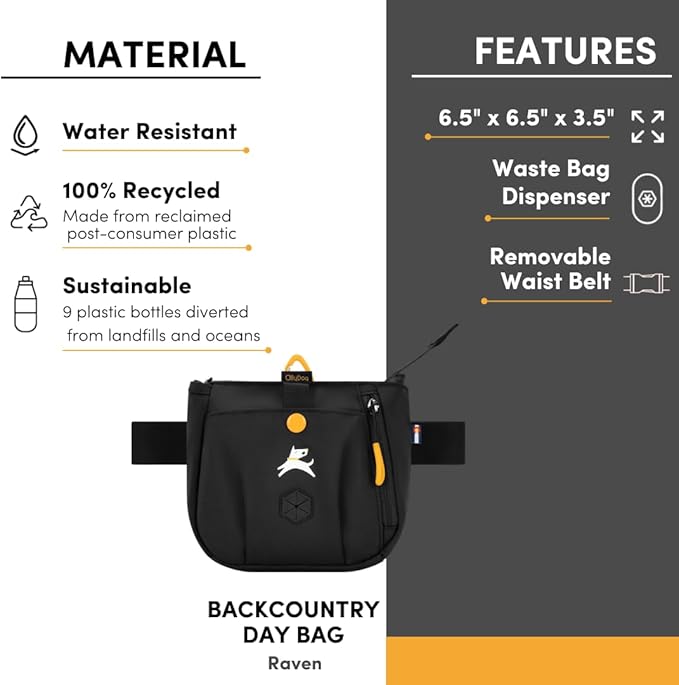 OllyDog Backcountry Day Bag | Hands-Free Dog Training Treat Pouch | Fanny/Hip Pack with Zipper Closure & Built-in Poop Bag Dispenser | Removable Waist Clip (Raven S'25)