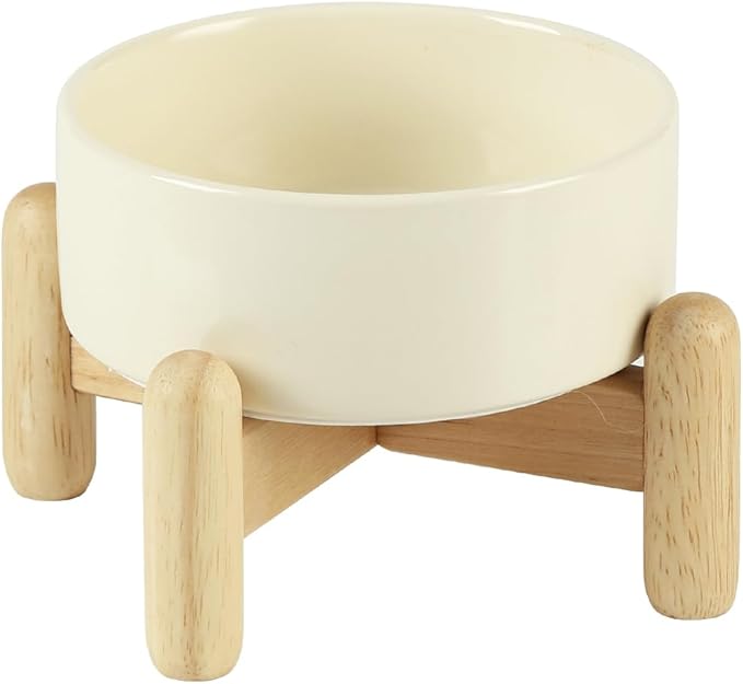 Ceramic 5.1inch Raised Dog and Cat Bowl Set, Elevated with Wooden Stand, Food and Water Bowl for Small Breed Dogs, Cats, Kitty, Weighted Dog Dishes, Pet Bowls(13.5oz, Beige)