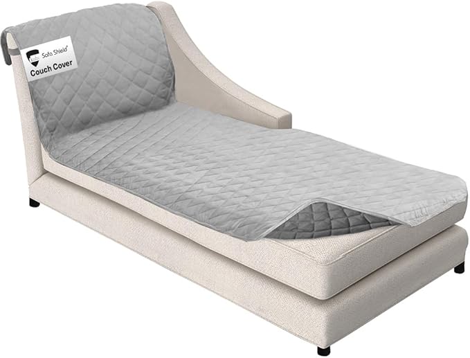 Sofa Shield Couch Chaise Covers for Dogs, Reversible Furniture Protector with Strap, Stain and Tear Resistant Cushion Cover, 102x34 inch Seat, Machine Washable Slipcover Pets Cats, Light Gray Charcoal