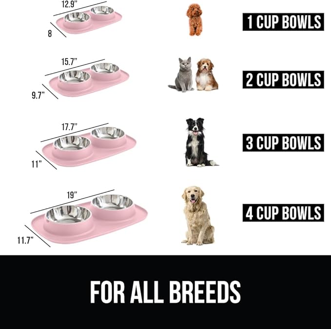 GORILLA GRIP Feeding Mat Set, Patent Pending 100% Waterproof BPA Free Silicone, Stainless Steel Cat and Dog Bowls, Slip Resistant, High Edges Catch Water, Food, US Designed Pet Accessories, 2 Cup Pink