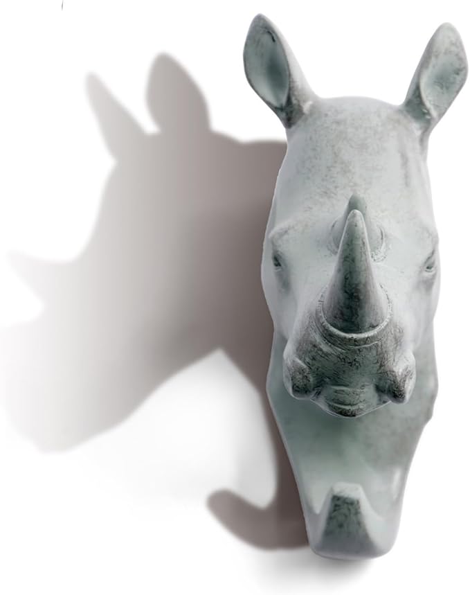 Rhino Head Single Wall Hook/Hanger Animal Shaped Coat Hat Hook Heavy Duty, Rustic, Decorative Gift, Grey