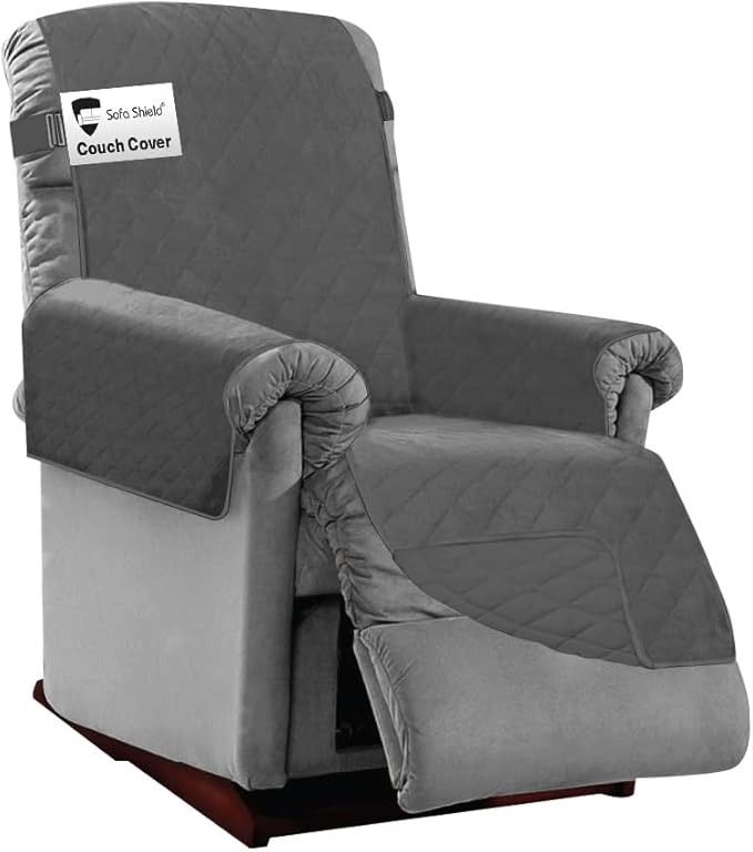 Sofa Shield Recliner Slip Cover with Patented Strap, Cushion Protector, US Designed Reversible Stain and Dog Tear Resistant Slipcover, 25 inch Seat, Washable Covers for Dogs Pets, Charcoal