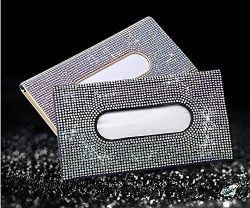 Bling Car Sun Visor Tissue Mask Box Holder, Bling Car Accessories for Women Girls, Hanging Crystal Sparkling Diamond Napkin Holder Paper Towel Cover,PU Leather Backseat Tissue Case