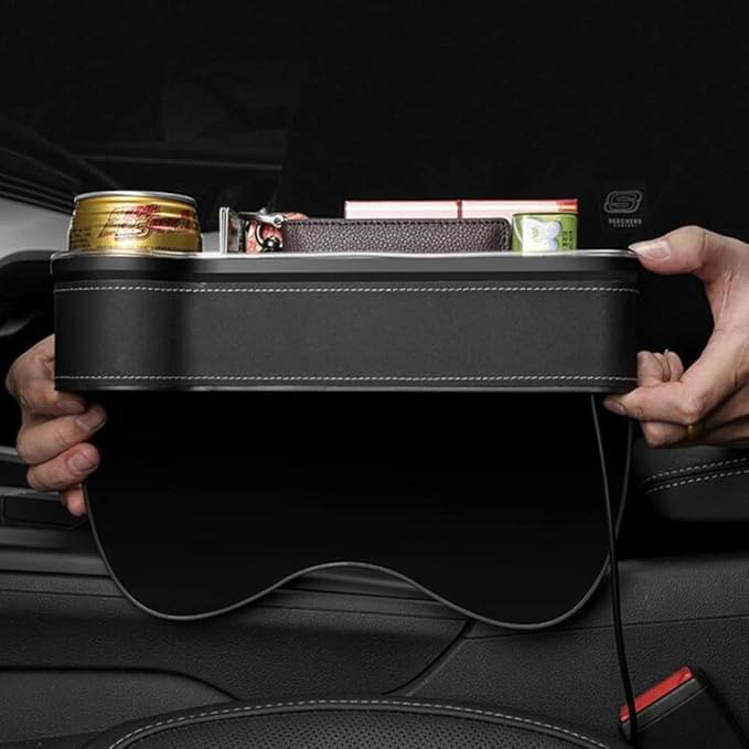 Tumecos Car Seat Gap Organizer with Light Multifunctional with Small Cup Holder Car Seat Organizer Car Seat Gap Filler with 2 USB Super Fast Charge Ports(Beige, Driver and passenger’s side)