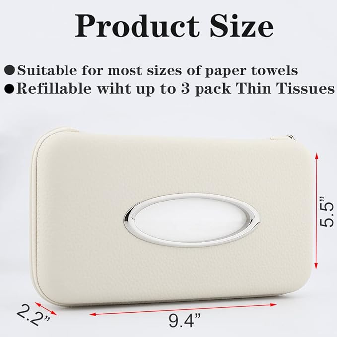 Car Tissue Holder, Sun Visor Tissue Holder, Zipper Car Visor Napkin Holder, PU Leather Backseat Tissue Case for Car,Vehicle (Beige)