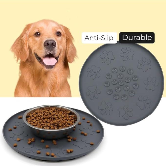 Silicone Non-Slip Mat for Pet Bowl,Basic Non-Slip Pad for Dog Bowl or Cat Bowl with Double Sided Anti-Slip Suction Cup Rotundity Bowl Pad (Gray, S-Diameter 26cm)