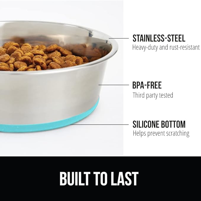 GORILLA GRIP Dog Bowl, Holds 6 Cups (48 fl oz), Heavy Duty Metal Food and Water Bowl for Feeding Dogs and Cats, Dishwasher Safe, Rust Resistant Stainless Steel, BPA Free Rubber Base, Turquoise