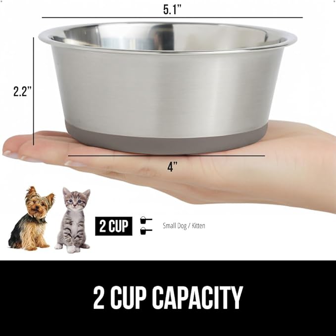 GORILLA GRIP Set of 2 Dog Bowls, Heavy Duty Metal Food and Water Bowl for Feeding Dogs and Cats, Dishwasher Safe, Rust Resistant Stainless Steel, BPA Free Rubber Base, Holds 2 Cups (16 fl oz), Beige