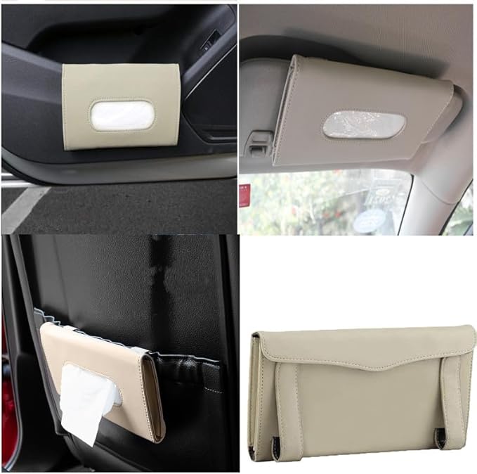 YVPSI Car Tissue Holder Sun Visor Napkin Holder with Tissue Refill Car Mask Holder PU Leather Tissue Box Tissue Box Holder Hanging Tissue Holder Mask Dispenser for Car (Beige)