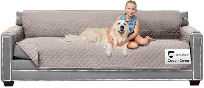 Sofa Shield Couch Slip Covers for Dogs, Reversible Furniture Protector with Strap, Stain and Tear Resistant Cushion Cover, 88 inch Seat, Machine Washable Slipcover Pets, Cats, Light Taupe