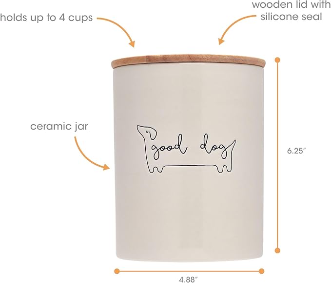 Pearhead Good Dog Ceramic Treat Jar with Airtight Wooden Lid – Modern Neutral Pet Treat Canister Keeps Snacks Fresh – Stylish Countertop Storage, 4 Cup / 32 oz