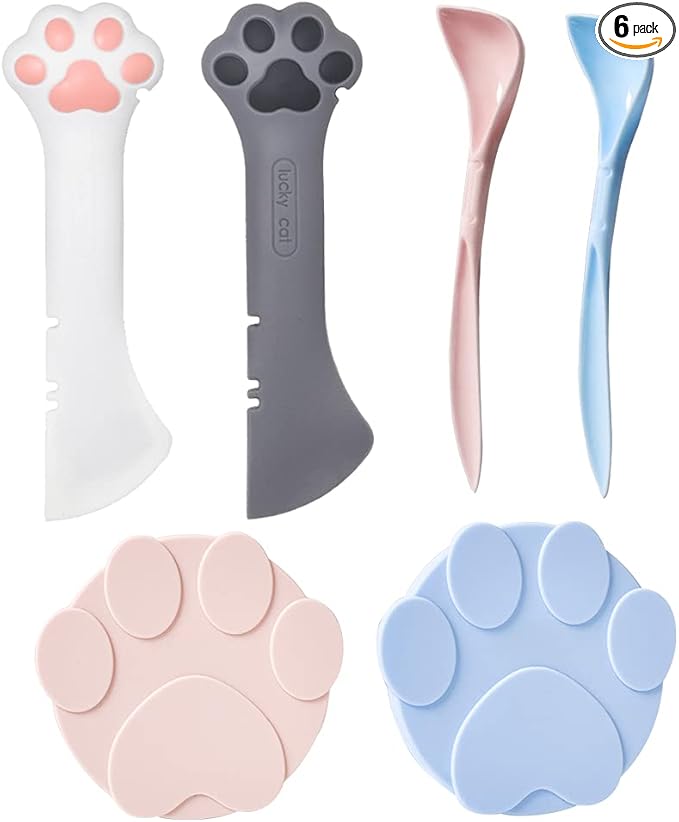 mwellewm 6Pcs Pet Food Can Supplies Set 2 Pcs Universal Silicone Can Covers Cat Can Lids 2Pcs Multifuctional Mini Spatula Pet Can Opener and 2Pcs Dog Spoons for Pets Dogs Cats Feeding Can