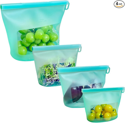 Reusable Silicone Food Storage Bags 4 Pack with 1 Snack, 2 Sandwich and 1 Half Gallon Bags, Multi-Use & Sous Vide Stand-Up Pouches for Soup and Leftovers, Microwave, Dishwasher and Freezer Safe